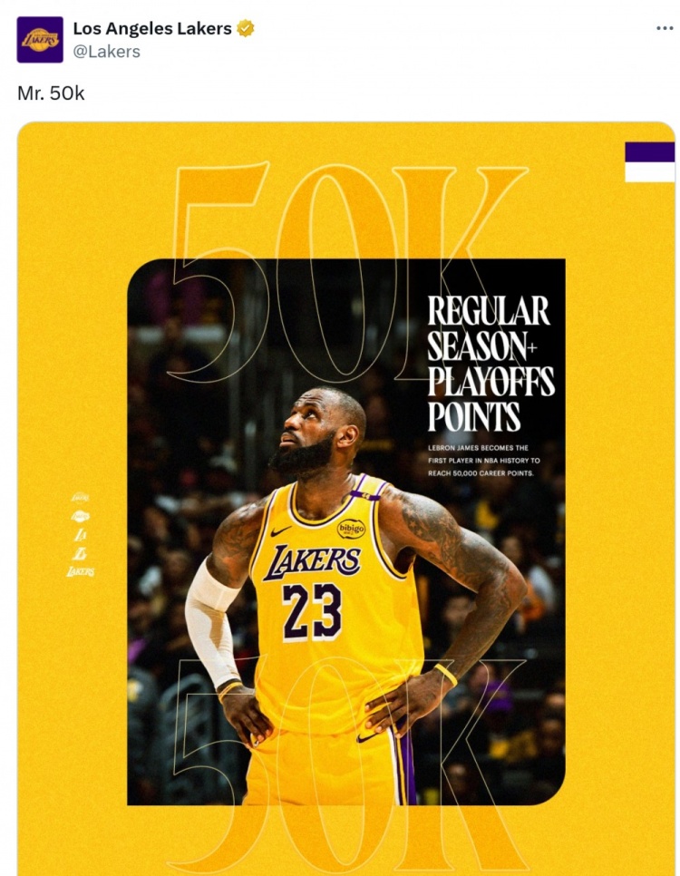 詹姆斯生涯50000分！湖人官方曬照：五萬分先生